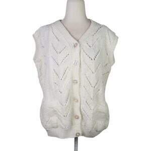 Vintage 90s white chevron knit sweater vest cardigan L